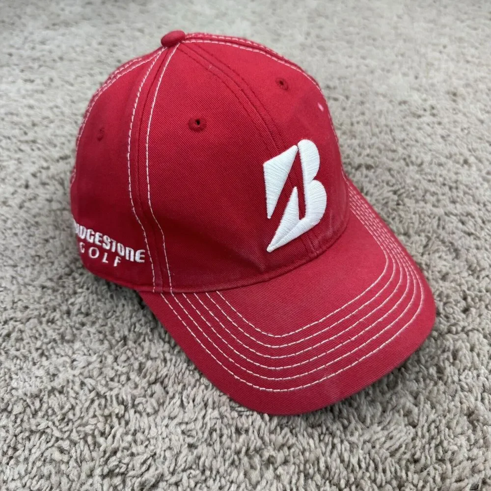 Bridgestone Golf Hat Red White Logo B330 Adjustable‎ Buckle Strap Distressed Cap
